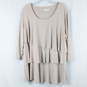 Susan Graver Liquid Knit Tiered 3/4‎ Sleeve Top Womens 1X Beige Stretch A220987